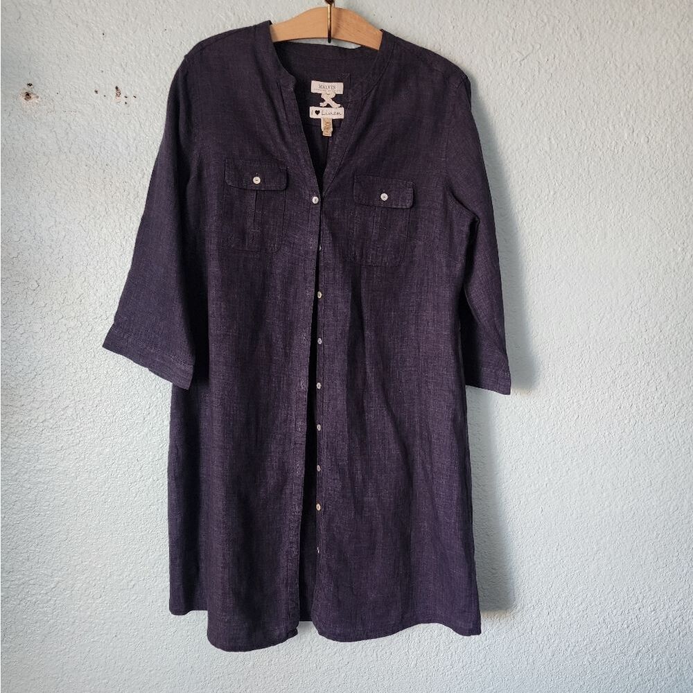 Women's Linen Blue Button-Up Tunic Dress - Picture 6 of 11